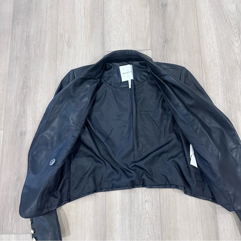 Avec Les Filles faux leather motorcycle jacket blazer black gold button XS - Picture 6 of 9